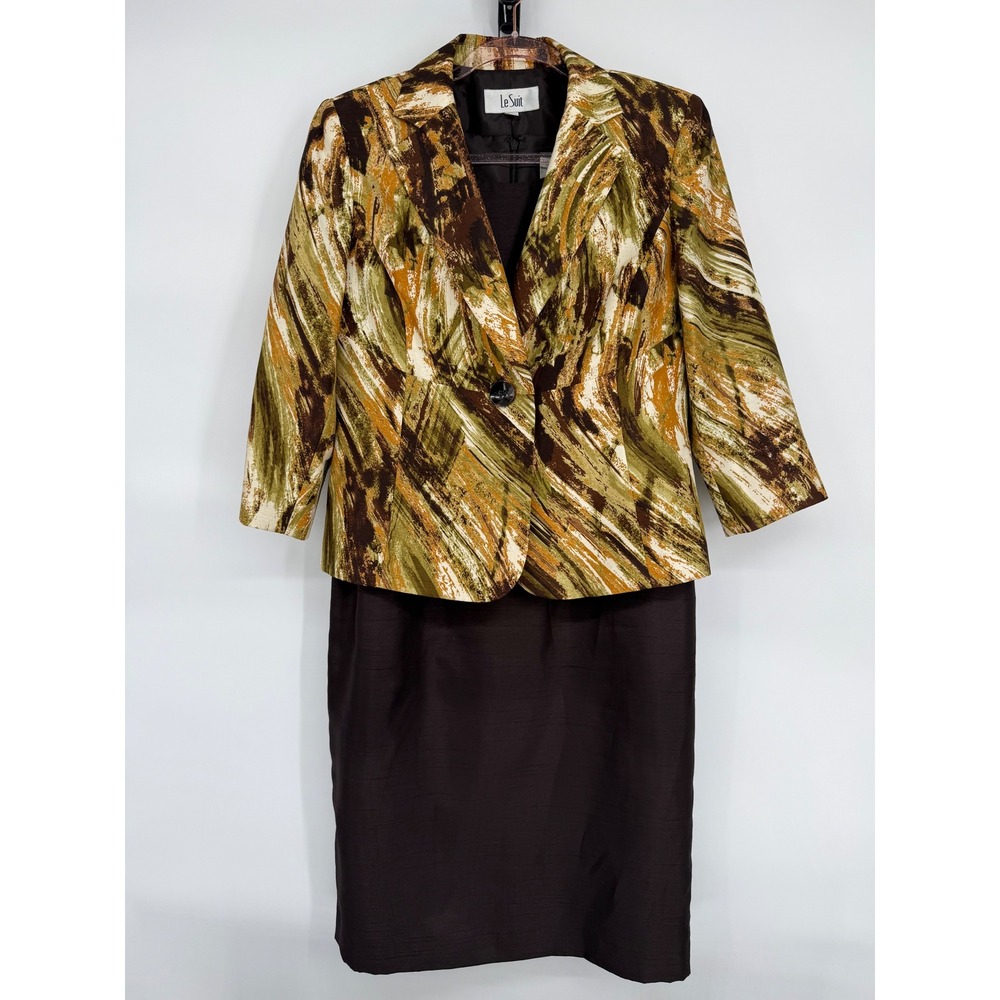 Le Suit Womens 10 Brown Green Abstract Blazer Sheath Dress 2 Piece Suit Set